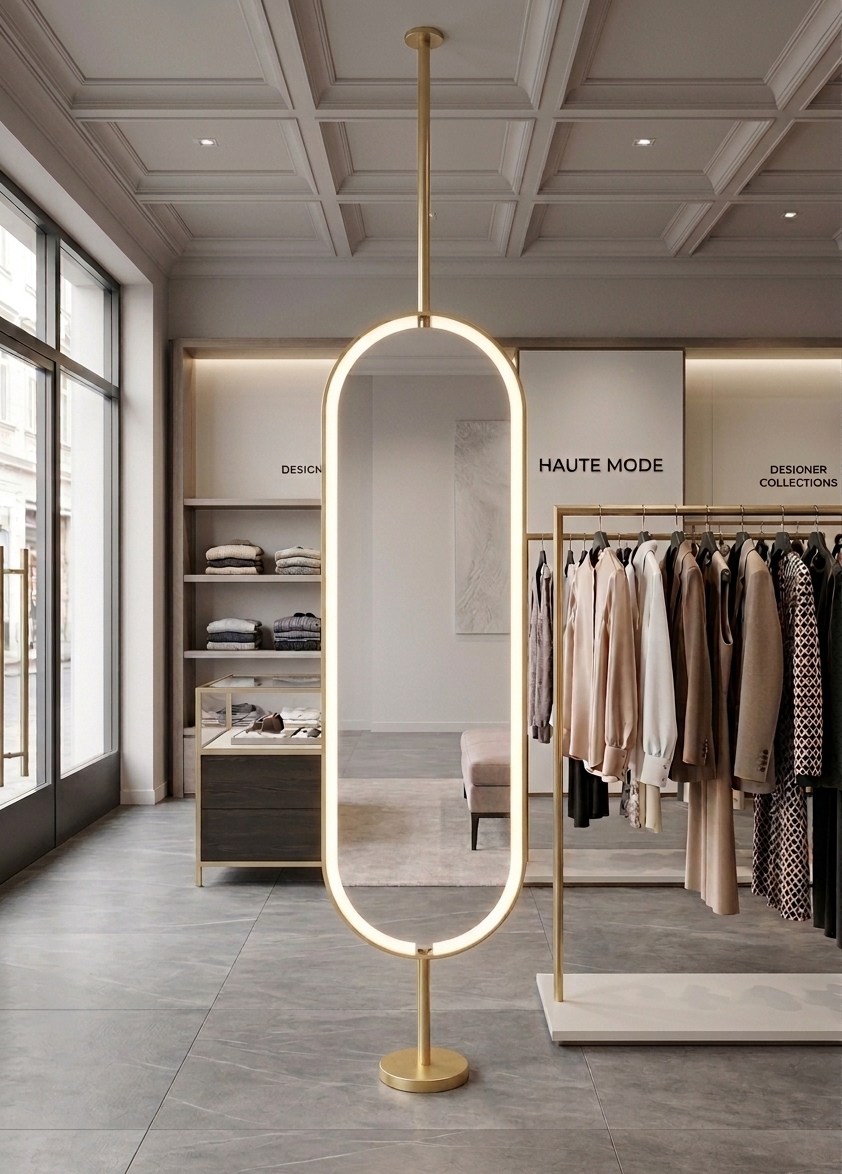 Goldener ovaler Standspiegel mit umlaufender Beleuchtung im Fashion-Store