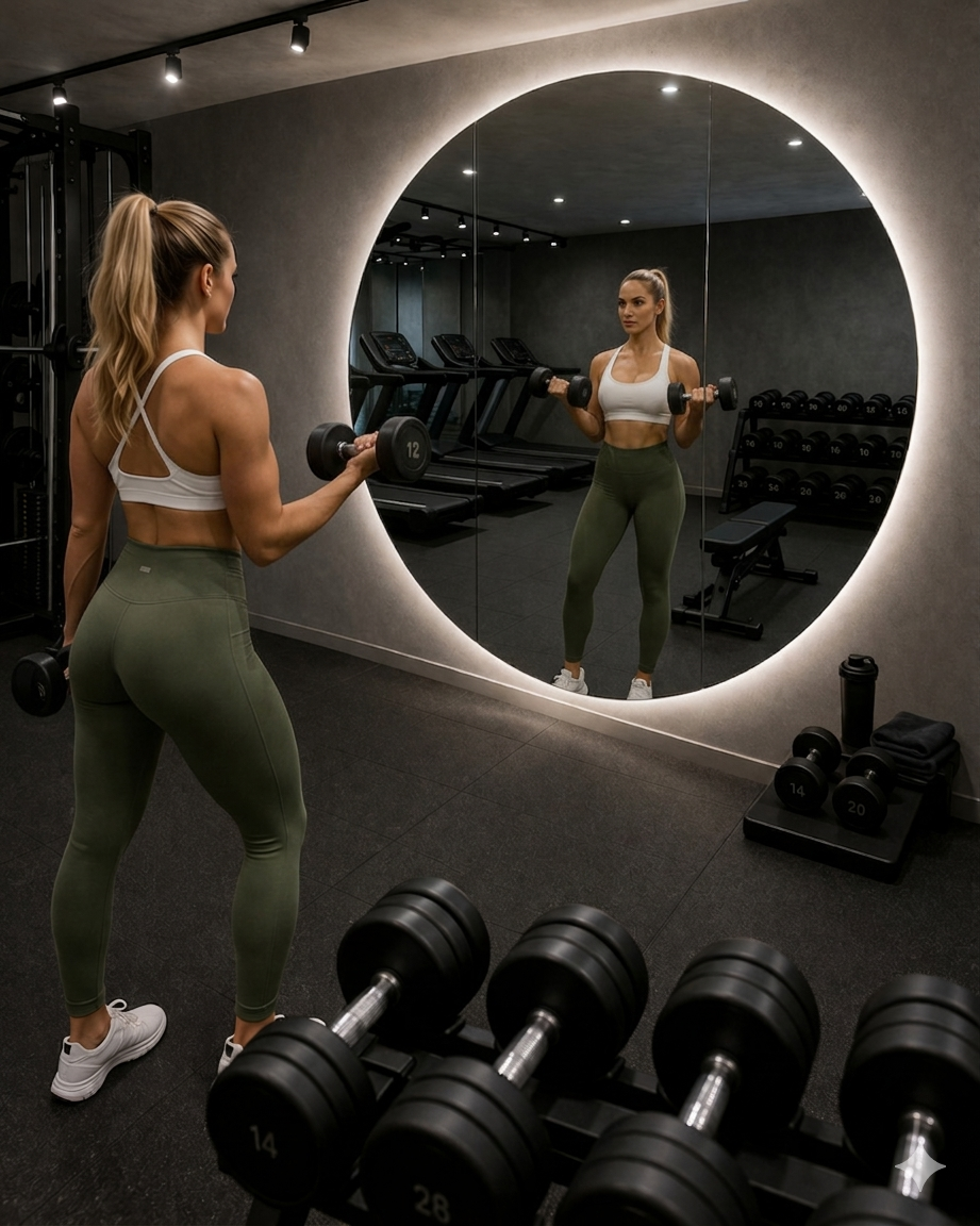 Sportlerin mit Hanteln vor rundem beleuchtetem Spiegel im Fitnessstudio