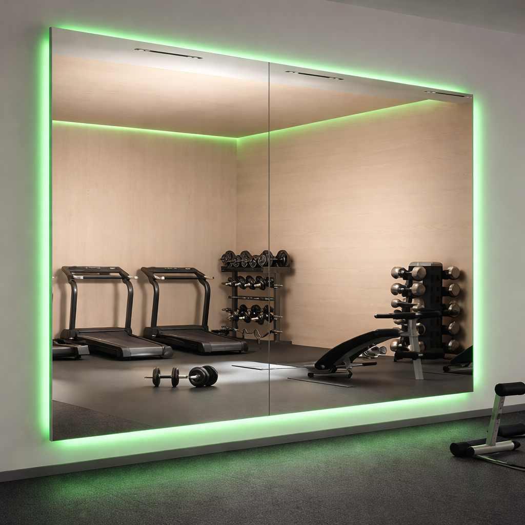 Großer Wandspiegel mit grüner RGB-Umrundung im Fitnessstudio