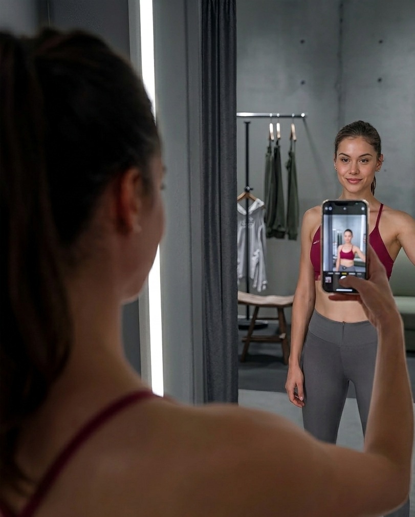 Sportlerin beim Selfie vor beleuchtetem Spiegel im Fitnessstudio