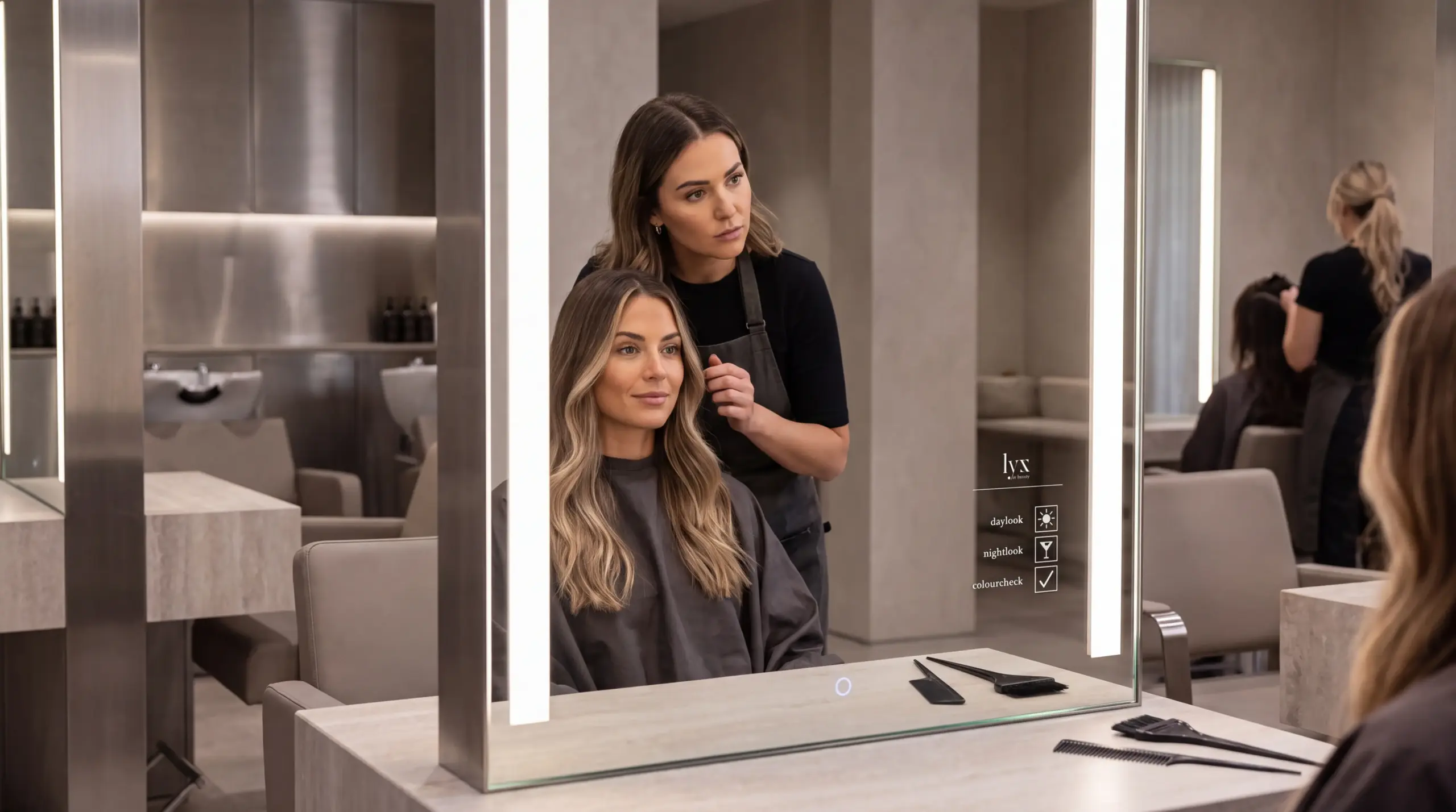 LYZ-Spiegel im Friseursalon mit moderner Beleuchtung.